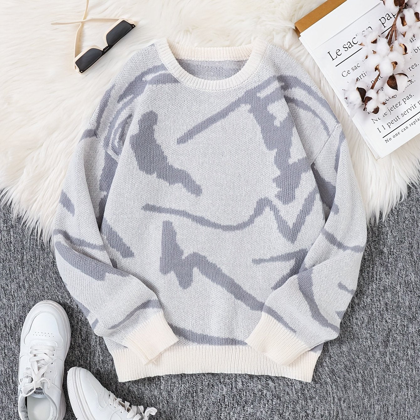 Luca Oversize Herre Trøje med Abstrakt Mønster – Blødt Strik, Moderne Kunstnerisk Stil