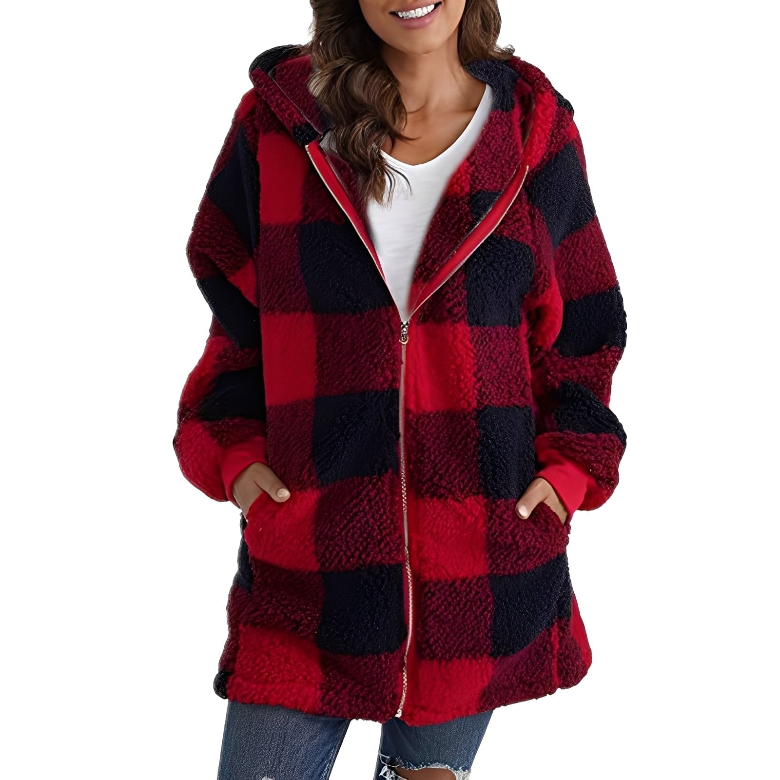 Madison Casaco com Capuz às Quadrados para Mulher – Casaco Macio e Quente com Corte Confortável e Design às Quadrados na Moda