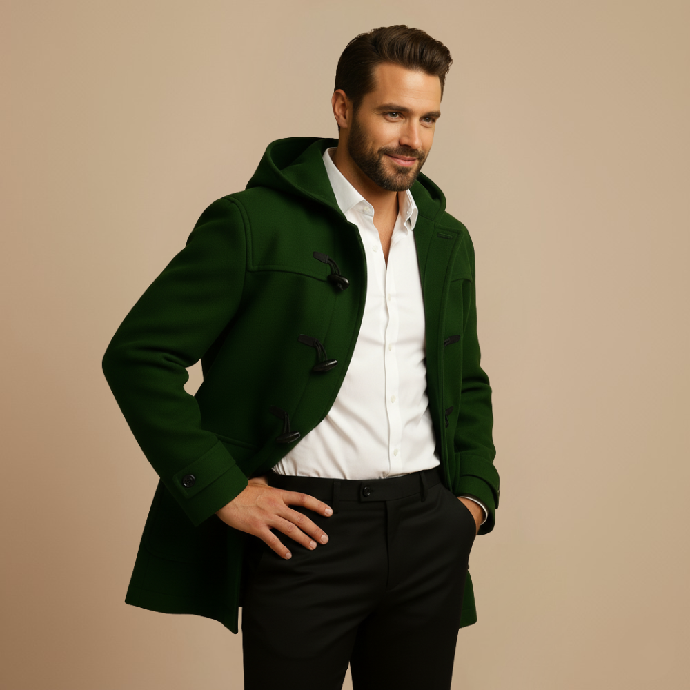 Joen Trench Lang Herren – Skandinavischer Mantel mit Kapuze, Hornknöpfen & Retro-Stil