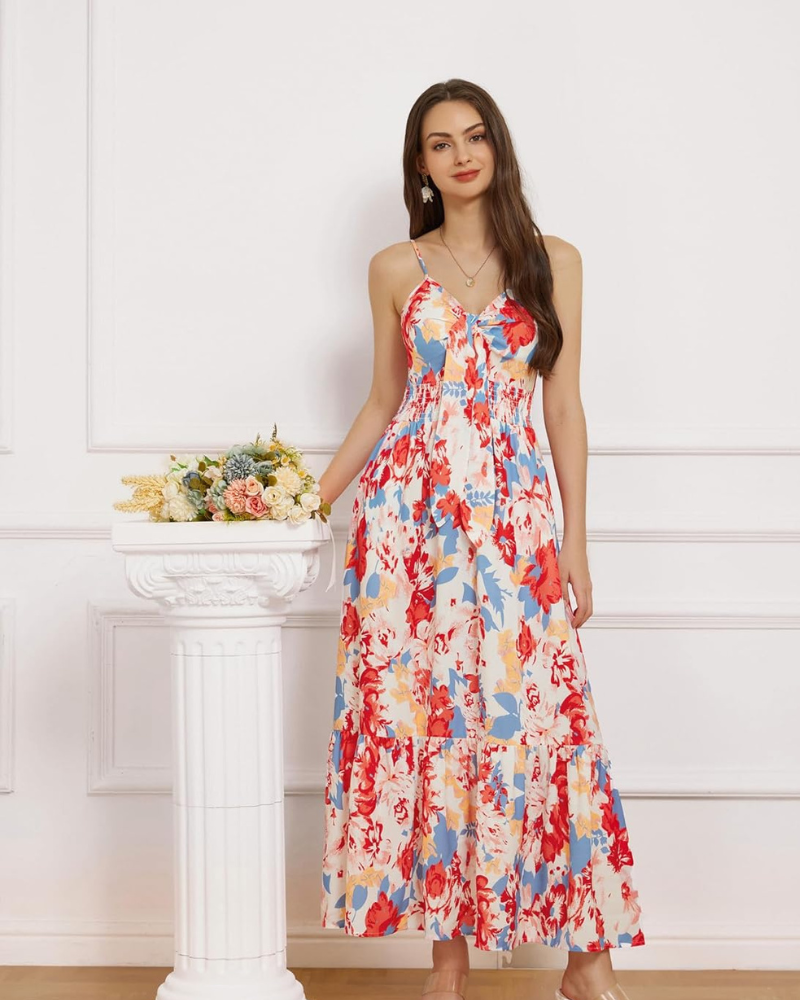 Rochie lungă de damă Darla cu flori – bretele subțiri, decolteu în V, talie legată, stil boem de vară