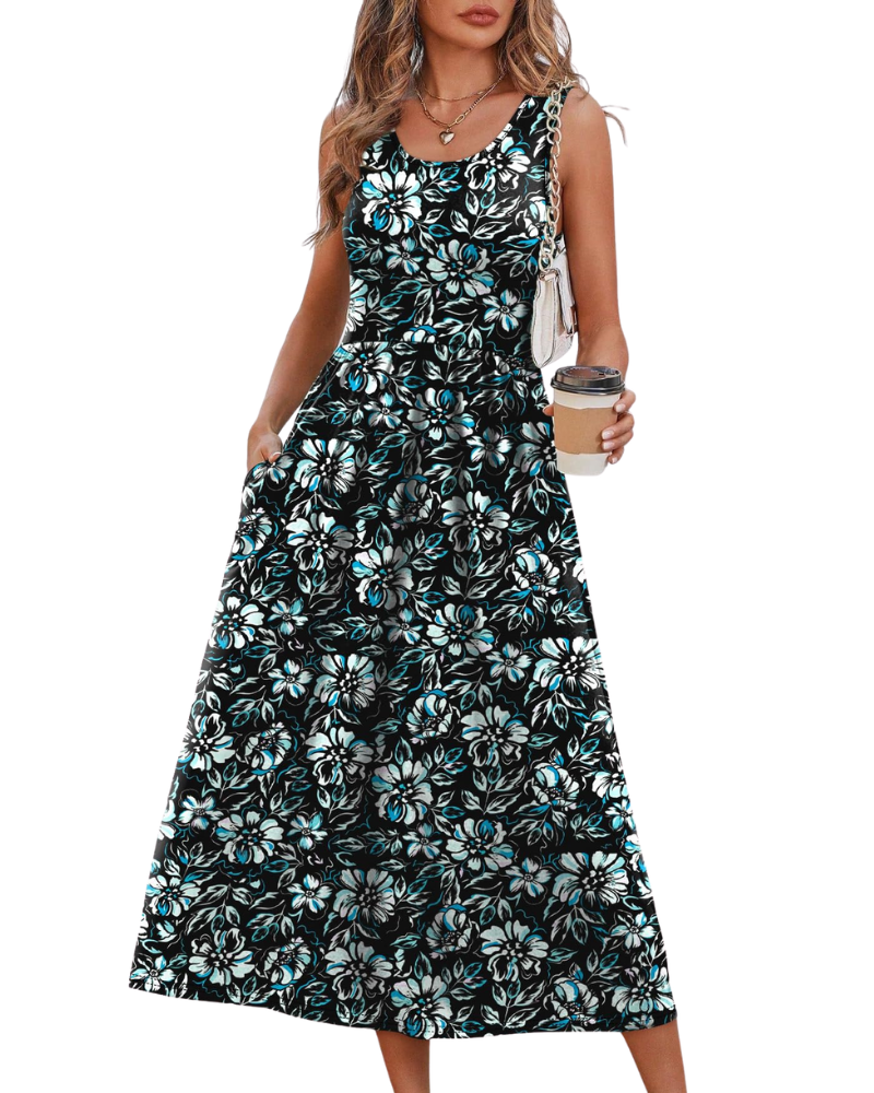 Vestido Midi Jensy Feminino – Vestido Fluido Corte A com Bolsos, Cintura Império e Corte Elegante de Verão