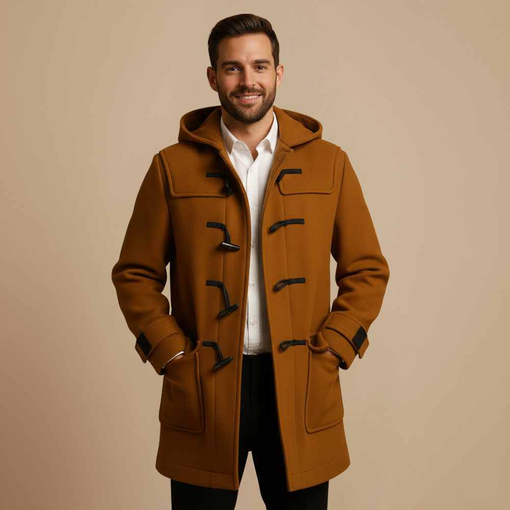 Joen Trench Lang Herren – Skandinavischer Mantel mit Kapuze, Hornknöpfen & Retro-Stil
