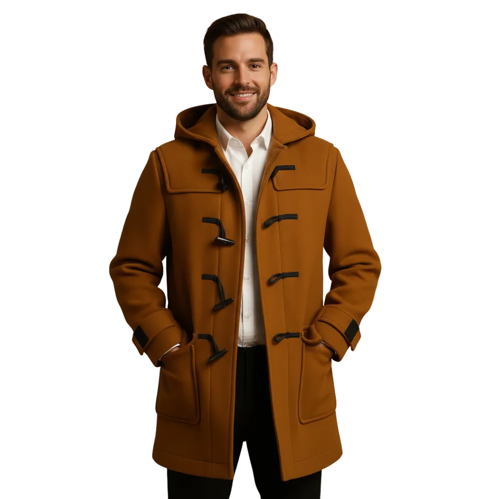 Joen Trench Lang Herren – Skandinavischer Mantel mit Kapuze, Hornknöpfen & Retro-Stil