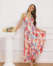 Rochie lungă de damă Darla cu flori – bretele subțiri, decolteu în V, talie legată, stil boem de vară