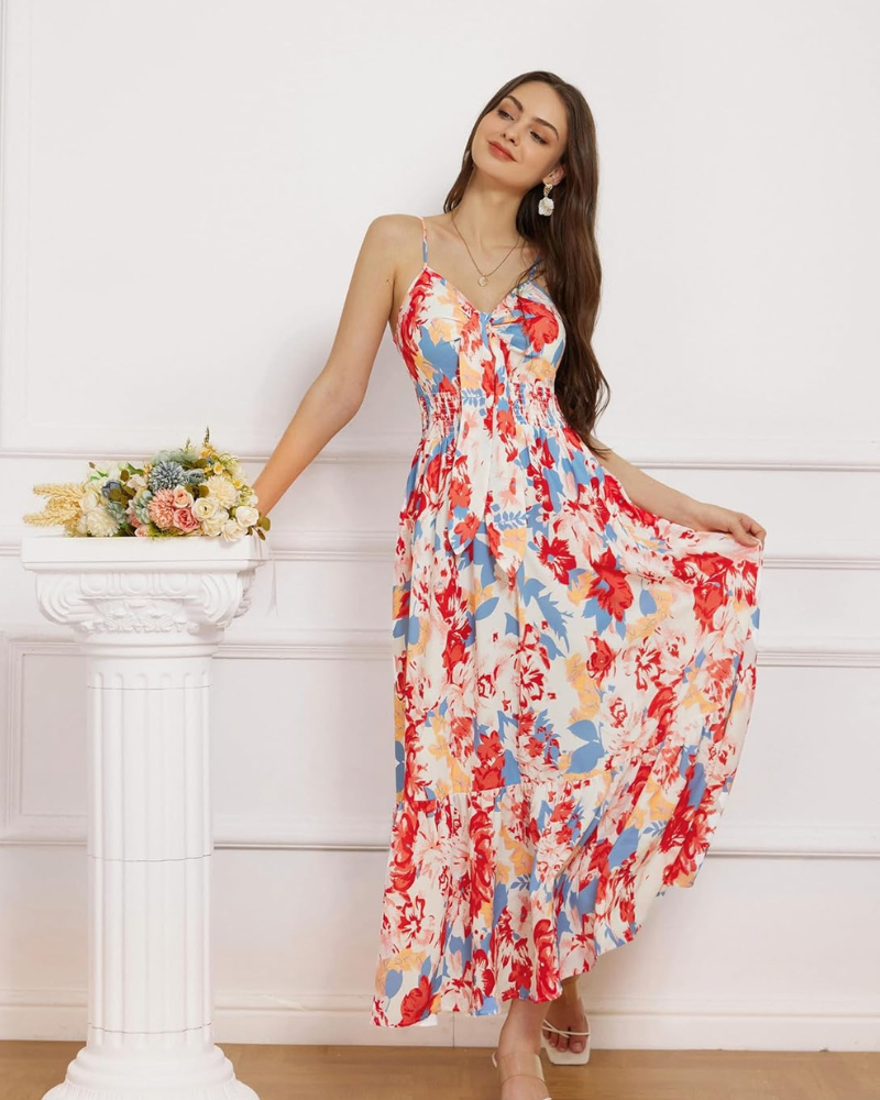 Rochie lungă de damă Darla cu flori – bretele subțiri, decolteu în V, talie legată, stil boem de vară