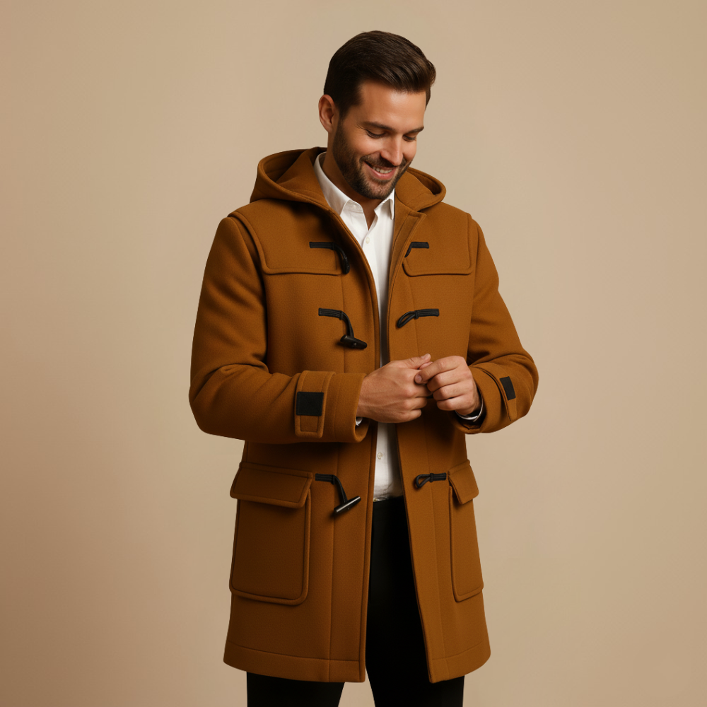 Joen Trench Lang Herren – Skandinavischer Mantel mit Kapuze, Hornknöpfen & Retro-Stil