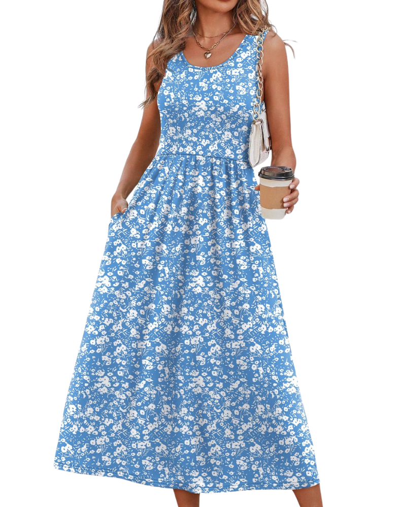 Vestido Midi Jensy Feminino – Vestido Fluido Corte A com Bolsos, Cintura Império e Corte Elegante de Verão