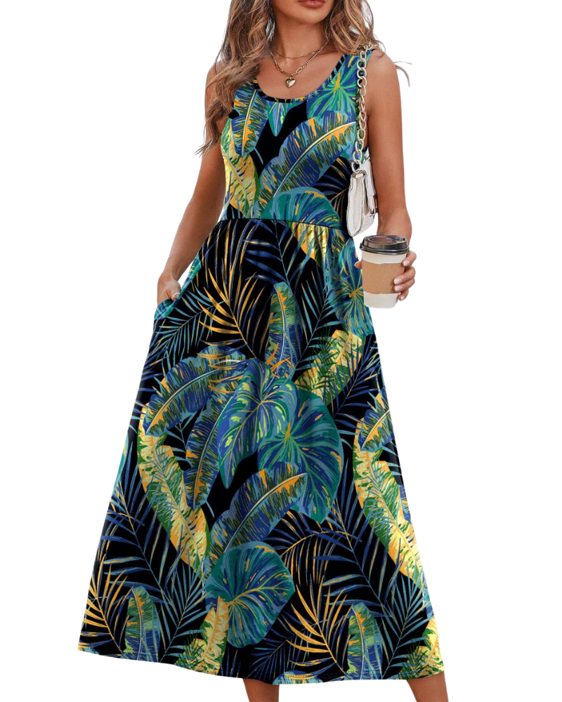 Vestido Midi Jensy Feminino – Vestido Fluido Corte A com Bolsos, Cintura Império e Corte Elegante de Verão