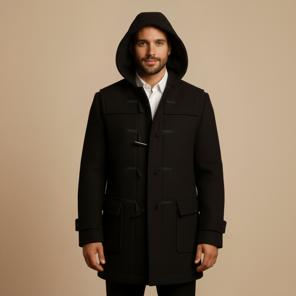 Joen Trench Lang Herren – Skandinavischer Mantel mit Kapuze, Hornknöpfen & Retro-Stil