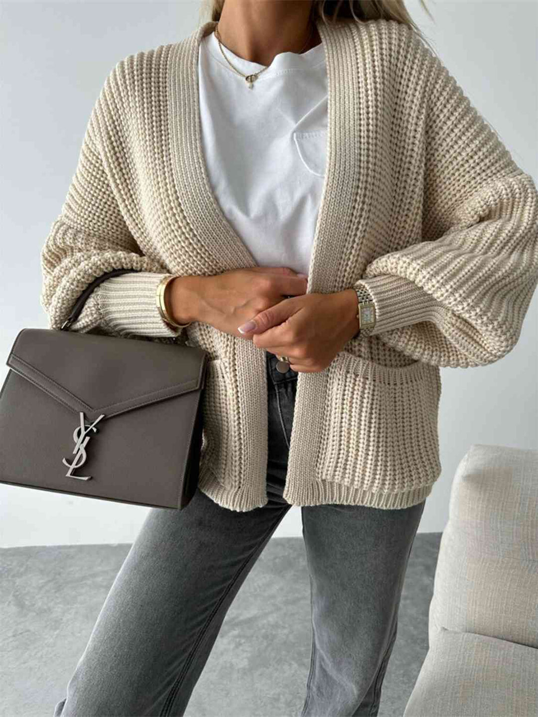 Lanna Cardigan Femme Ouvert – Coupe Relax, Manches Ballon & Maille Douce