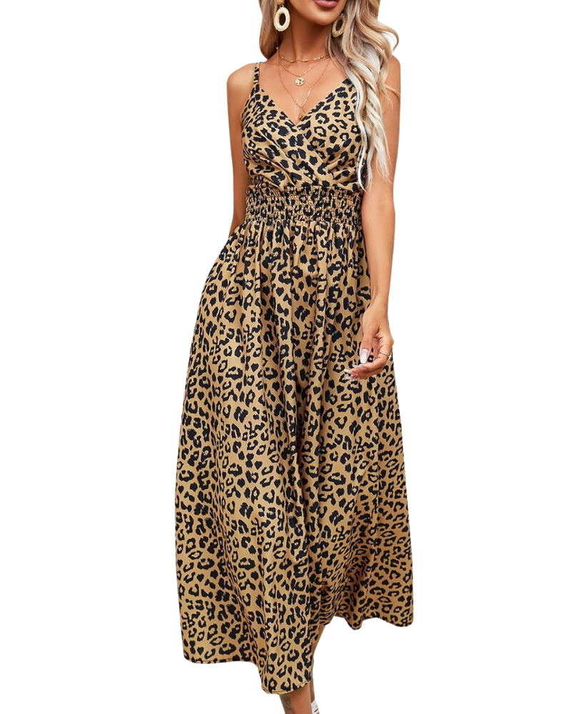 Vestido Maxi Carmie Mulher Leopardo – Alças, Costas Nuas, Decote em V, Corte A-Line Verão