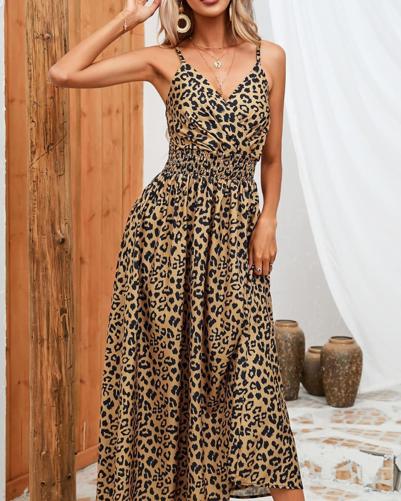 Vestido Maxi Carmie Mulher Leopardo – Alças, Costas Nuas, Decote em V, Corte A-Line Verão