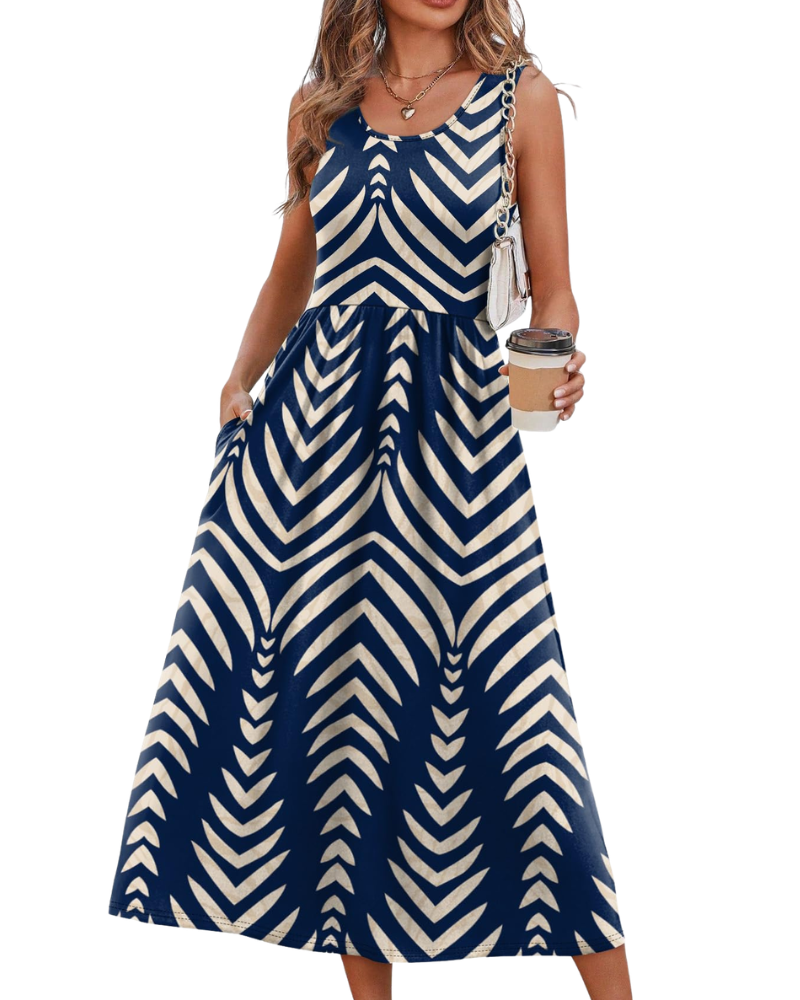 Vestido Midi Jensy Feminino – Vestido Fluido Corte A com Bolsos, Cintura Império e Corte Elegante de Verão