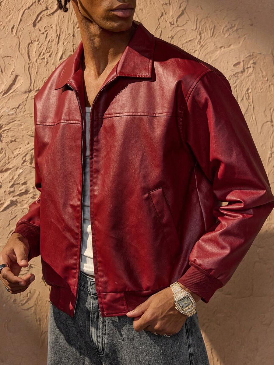 Vince chaqueta hombre similpiel roja – chaqueta con cremallera moderna con hombros caídos estilo urbano