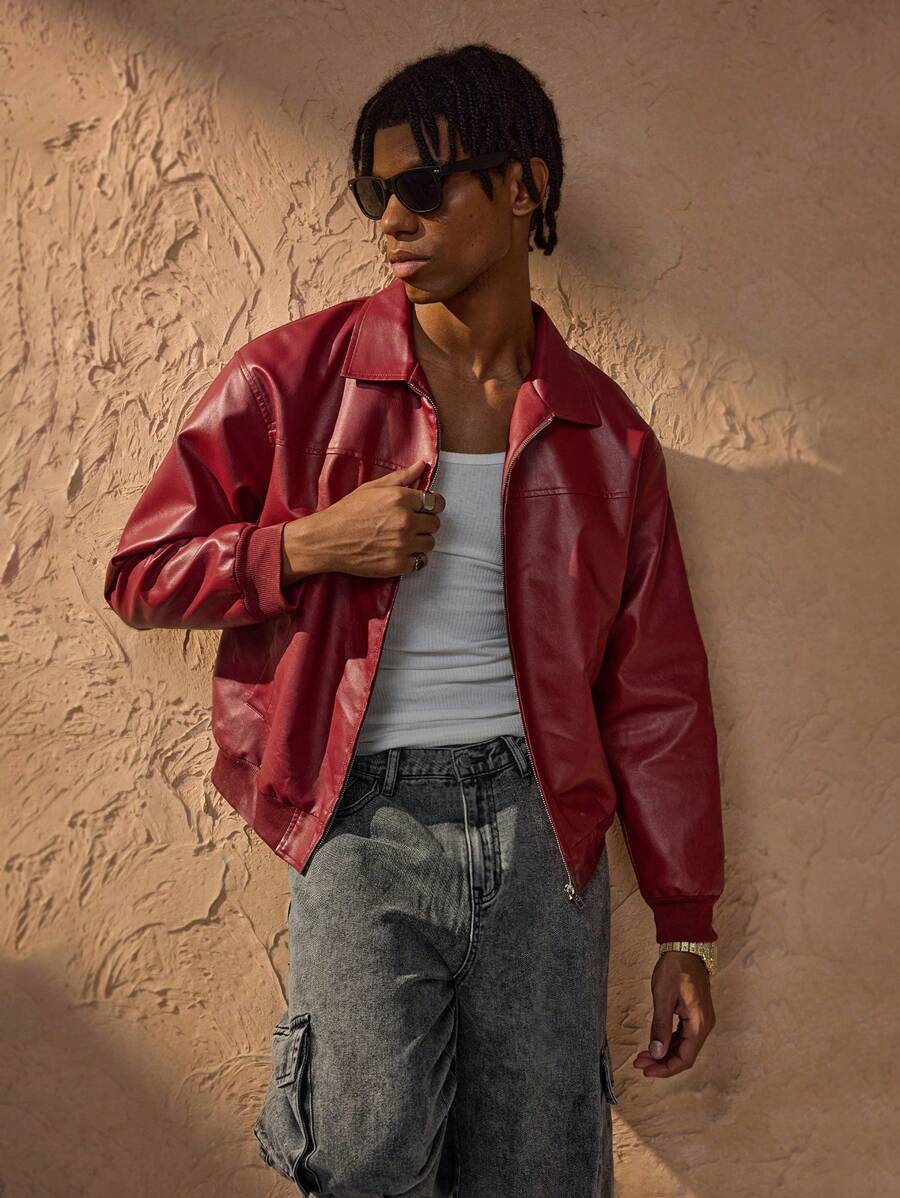 Vince Herrenjacke Kunstleder Rot – Moderne Reißverschlussjacke mit Fallenden Schultern Urbaner Stil