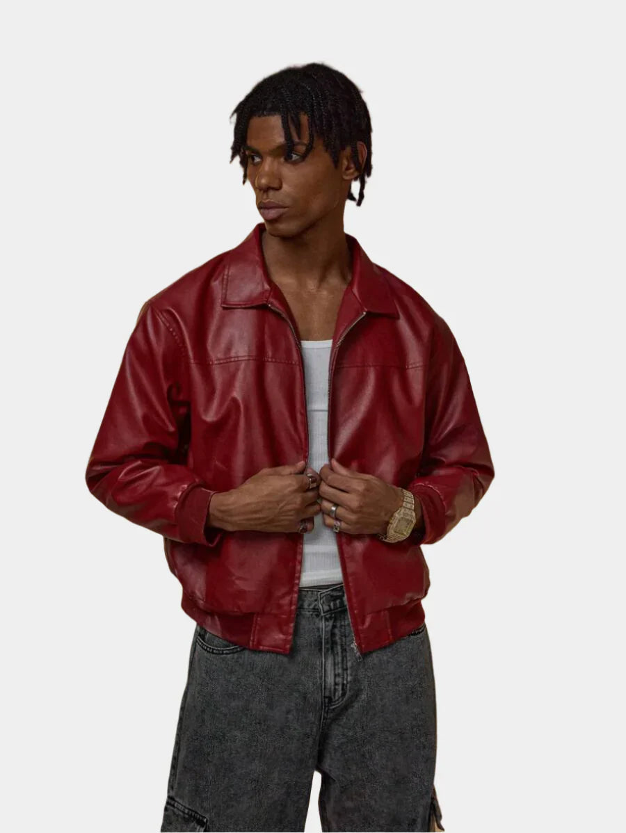 Vince chaqueta hombre similpiel roja – chaqueta con cremallera moderna con hombros caídos estilo urbano