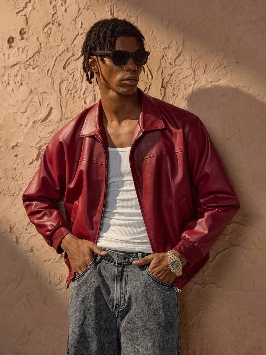 Vince Herrenjacke Kunstleder Rot – Moderne Reißverschlussjacke mit Fallenden Schultern Urbaner Stil