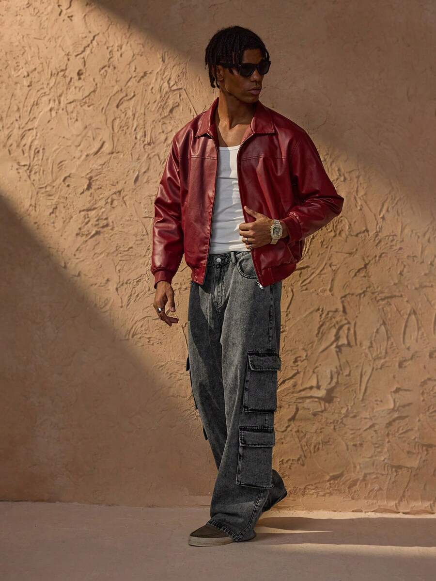 Vince Herrenjacke Kunstleder Rot – Moderne Reißverschlussjacke mit Fallenden Schultern Urbaner Stil