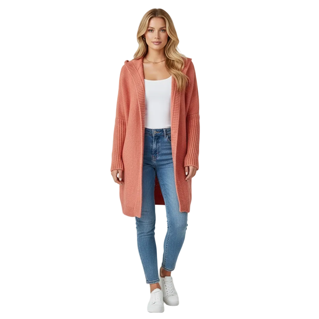 Angelie Kardigan Bluza Oversize Damska – Sweter z Miękkiej Dzianiny z Kapturem i Rękawami Nietoperzowymi