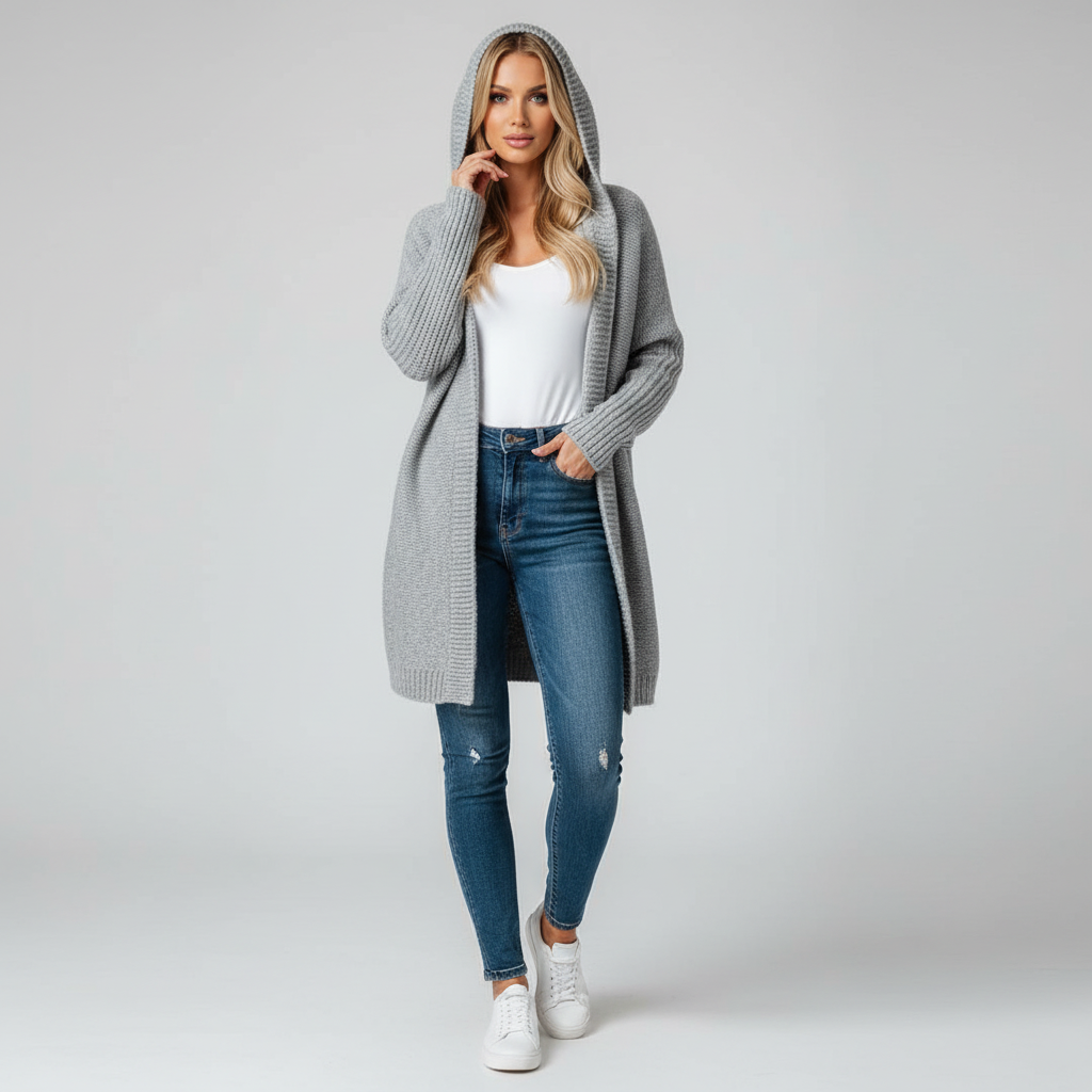 Angelie Kardigan Bluza Oversize Damska – Sweter z Miękkiej Dzianiny z Kapturem i Rękawami Nietoperzowymi