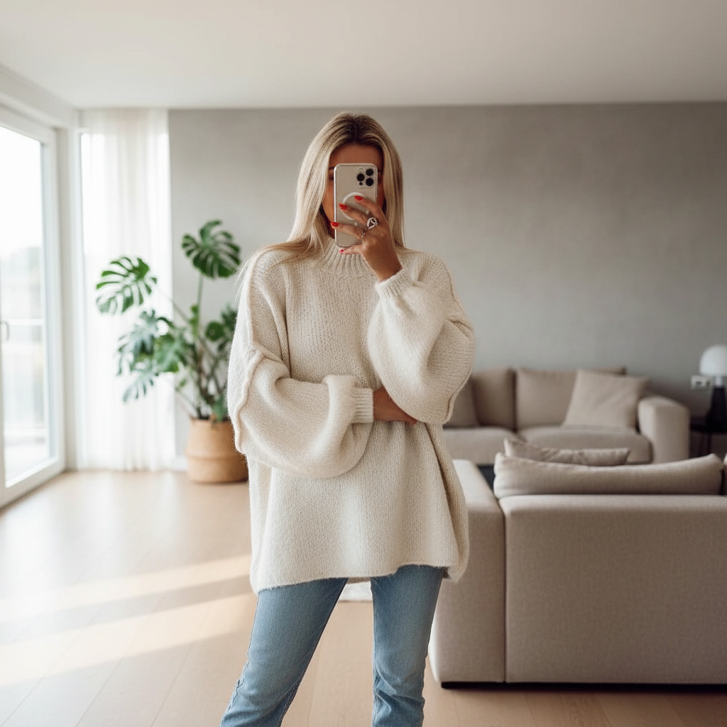Hannah Pull Oversize Femme – Pull en Maille Douce avec Manches Ballon Modernes