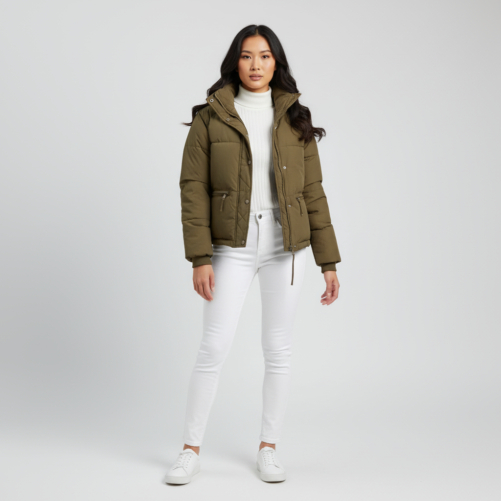 Nadine Damen Daunenjacke Beige – Oversize Steppjacke mit Stehkragen und Reißverschlusstaschen