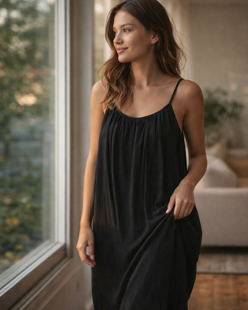 Rowena Maxi Dress for Women – Backless, Adjustable Straps & Fluid A-Line Cut Solid Summer