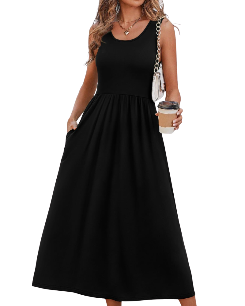 Vestido Midi Jensy Feminino – Vestido Fluido Corte A com Bolsos, Cintura Império e Corte Elegante de Verão