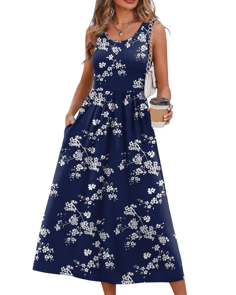 Vestido Midi Jensy Feminino – Vestido Fluido Corte A com Bolsos, Cintura Império e Corte Elegante de Verão