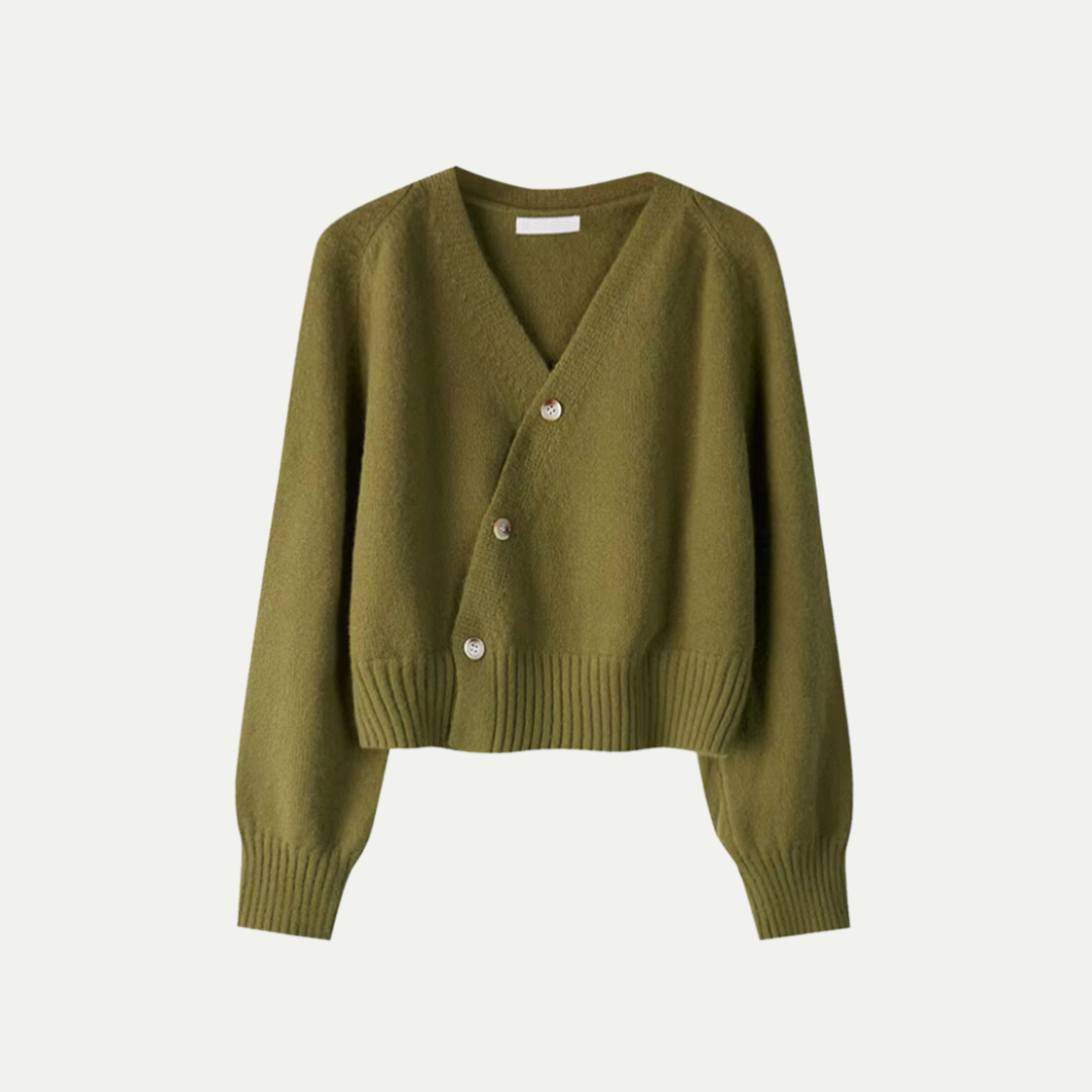 Dámský cardigan Eira z vlny – Krátký měkký svetr s výstřihem do V, zapínáním na knoflíky a elegantním pohodlným střihem