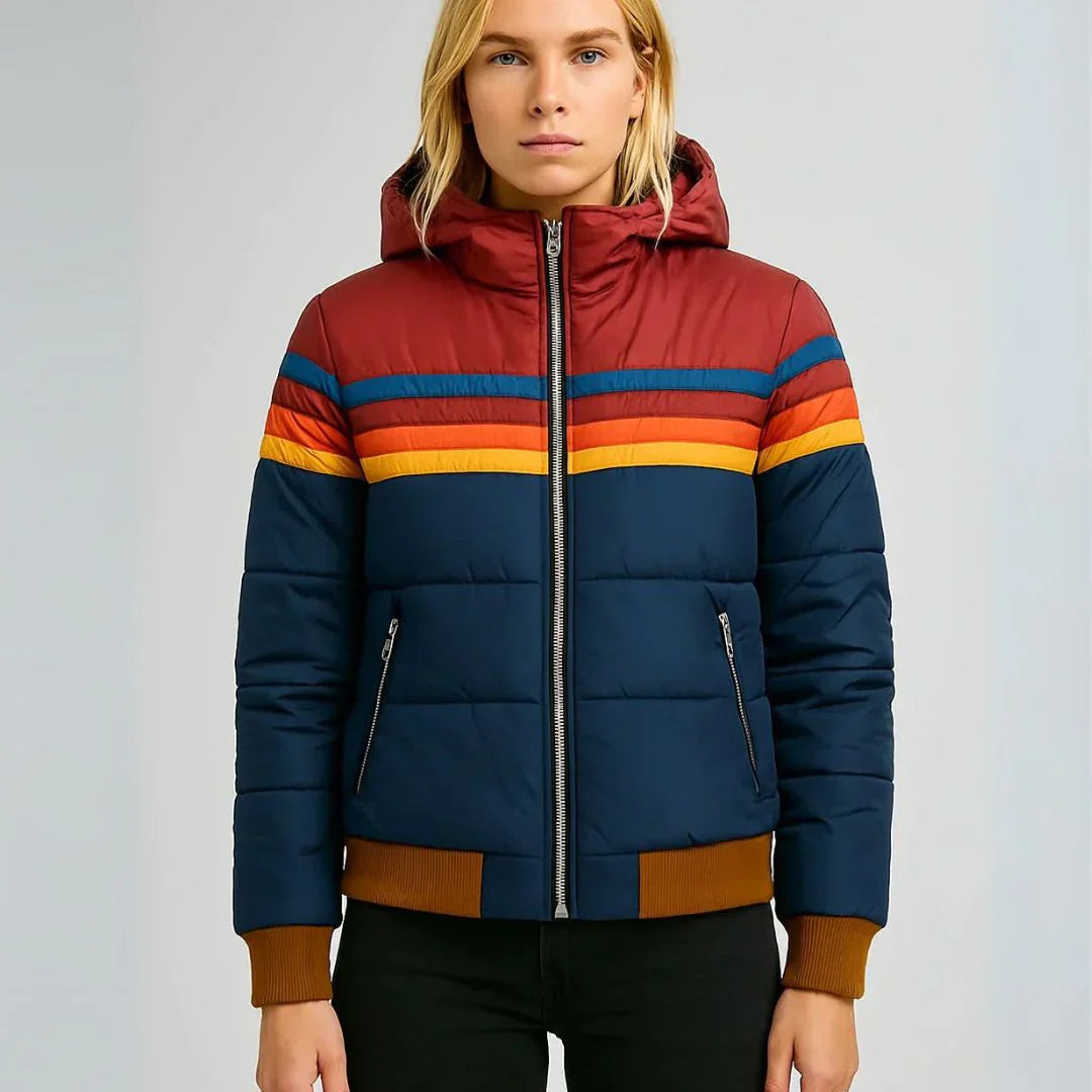 Scarlett Retro Women's Down Jacket – Multicolored Winter Coat with Hood and Zipper Closure