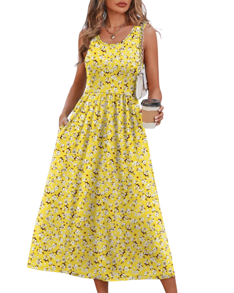 Vestido Midi Jensy Feminino – Vestido Fluido Corte A com Bolsos, Cintura Império e Corte Elegante de Verão