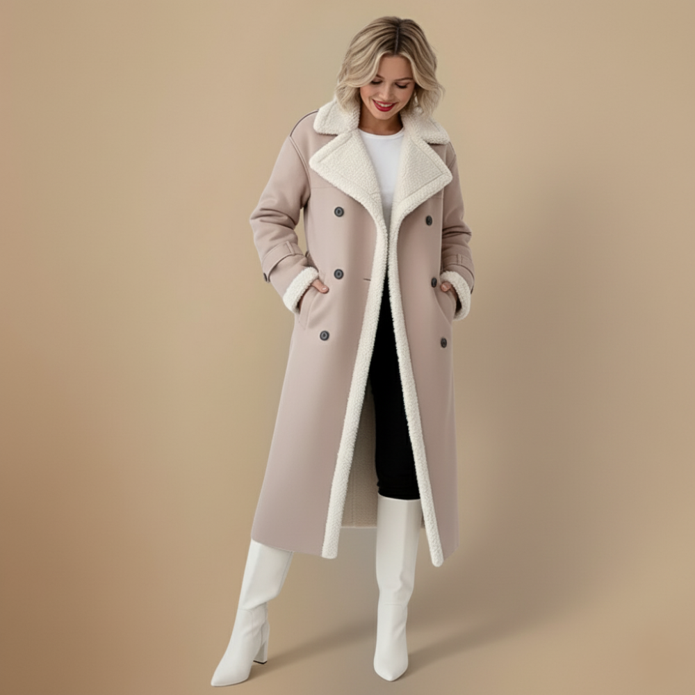 Rinna Casaco Longo Mulher – Casaco com Duplo Abotoamento Efeito Camurça com Gola Forrada & Estilo Chic