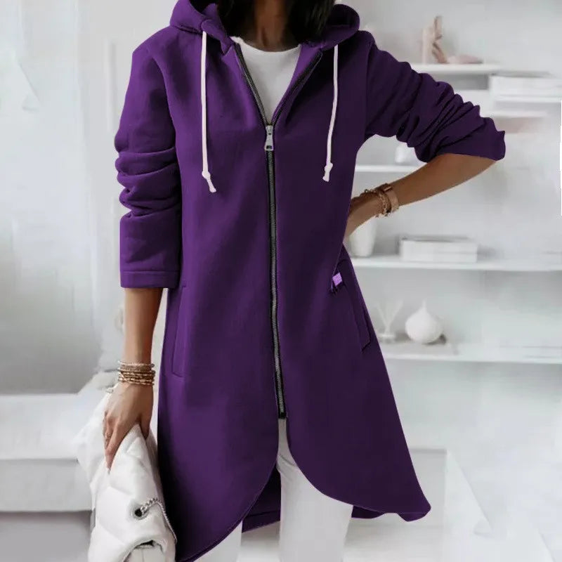 Nuvina Veste Hoodie Longue Femme – Manteau Casual Zippé avec Capuche & Coupe Relax