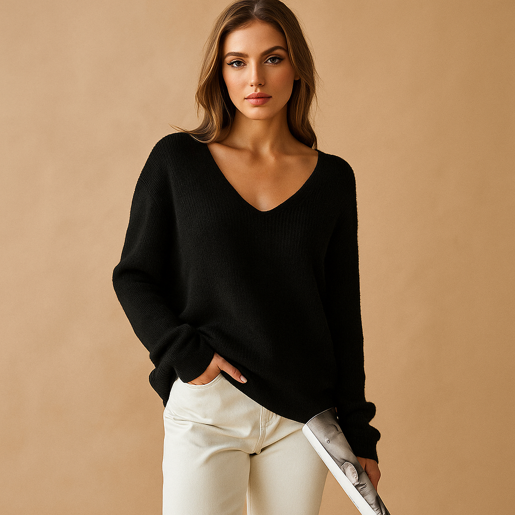 Noemi Pull Femme Col V – Maille Douce Légère, Coupe Droite & Style Minimaliste