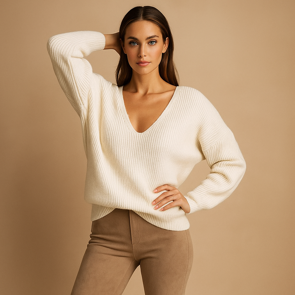 Noemi Pull Femme Col V – Maille Douce Légère, Coupe Droite & Style Minimaliste