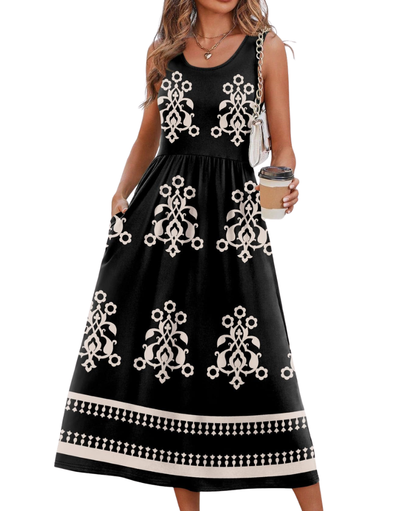 Vestido Midi Jensy Feminino – Vestido Fluido Corte A com Bolsos, Cintura Império e Corte Elegante de Verão