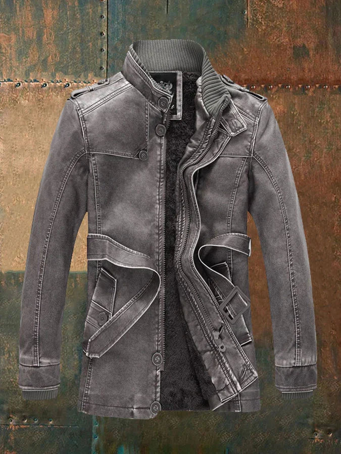 Chaqueta de cuero vintage Shon para hombre: estilo retro con forro cálido y botones clásicos.