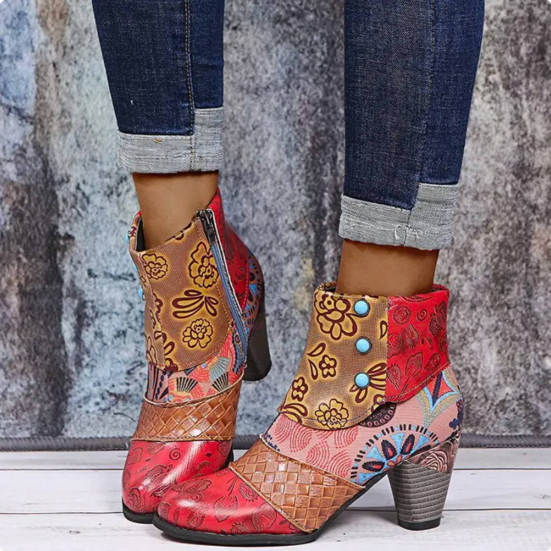Women's Rain Boots Lauren - Retro Waterproof Boots with High Heel and Ethnic Pattern for Autumn