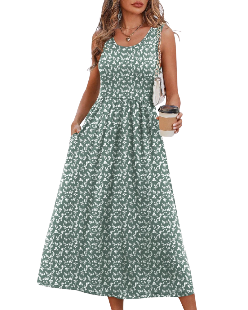 Vestido Midi Jensy Feminino – Vestido Fluido Corte A com Bolsos, Cintura Império e Corte Elegante de Verão