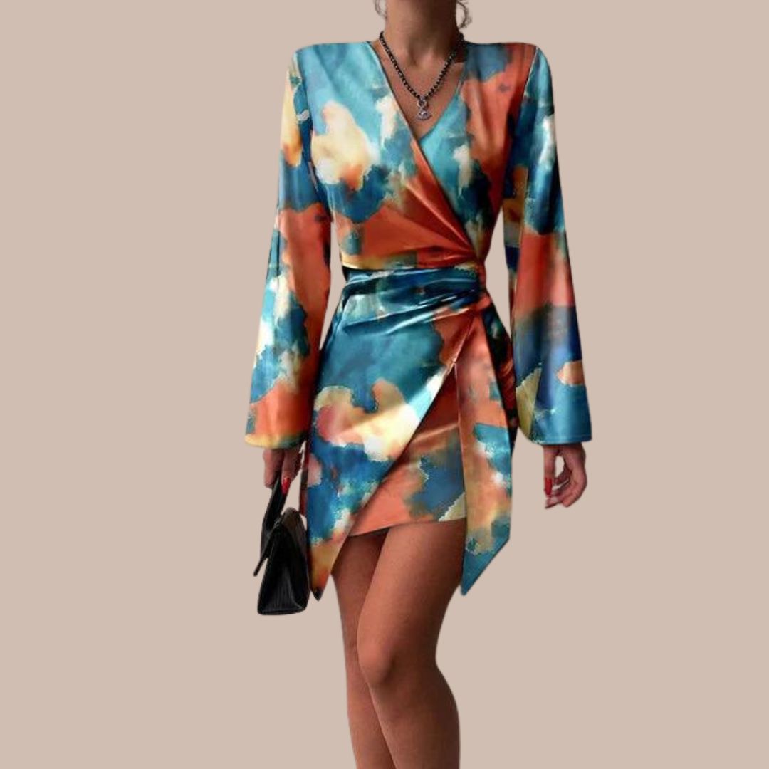 Jena Wickelkleid für Damen – Textdruck, V-Ausschnitt, elegante lange Ärmel