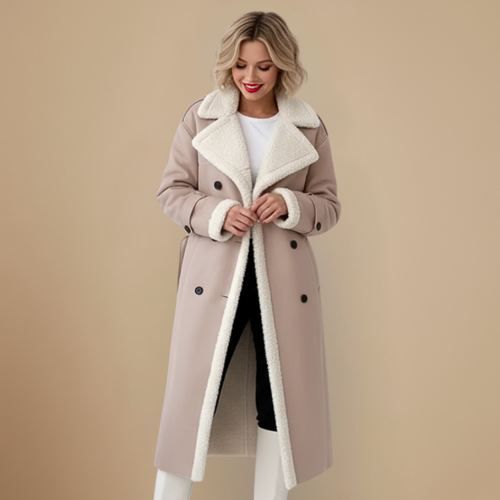 Rinna Casaco Longo Mulher – Casaco com Duplo Abotoamento Efeito Camurça com Gola Forrada & Estilo Chic