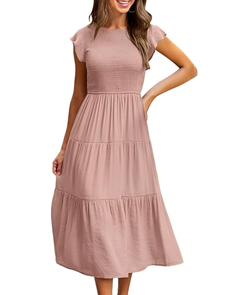 Greta Robe Midi Femme – Kulatý Výstřih, Volánové Rukávy a Elastický Pas, Letní A-linie