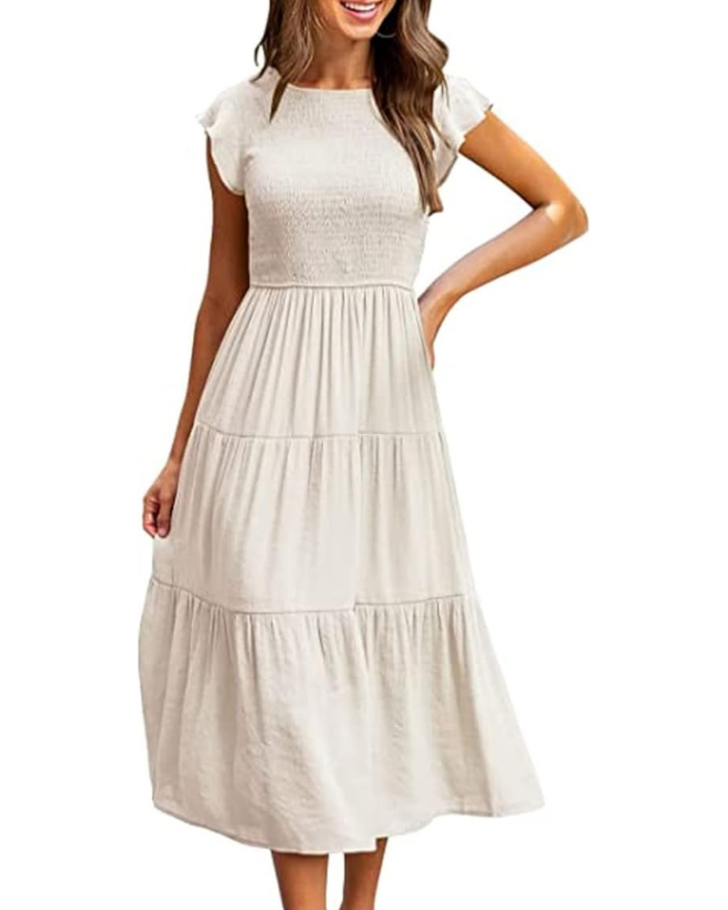Greta Robe Midi Femme – Kulatý Výstřih, Volánové Rukávy a Elastický Pas, Letní A-linie