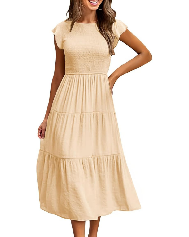 Greta Robe Midi Femme – Kulatý Výstřih, Volánové Rukávy a Elastický Pas, Letní A-linie