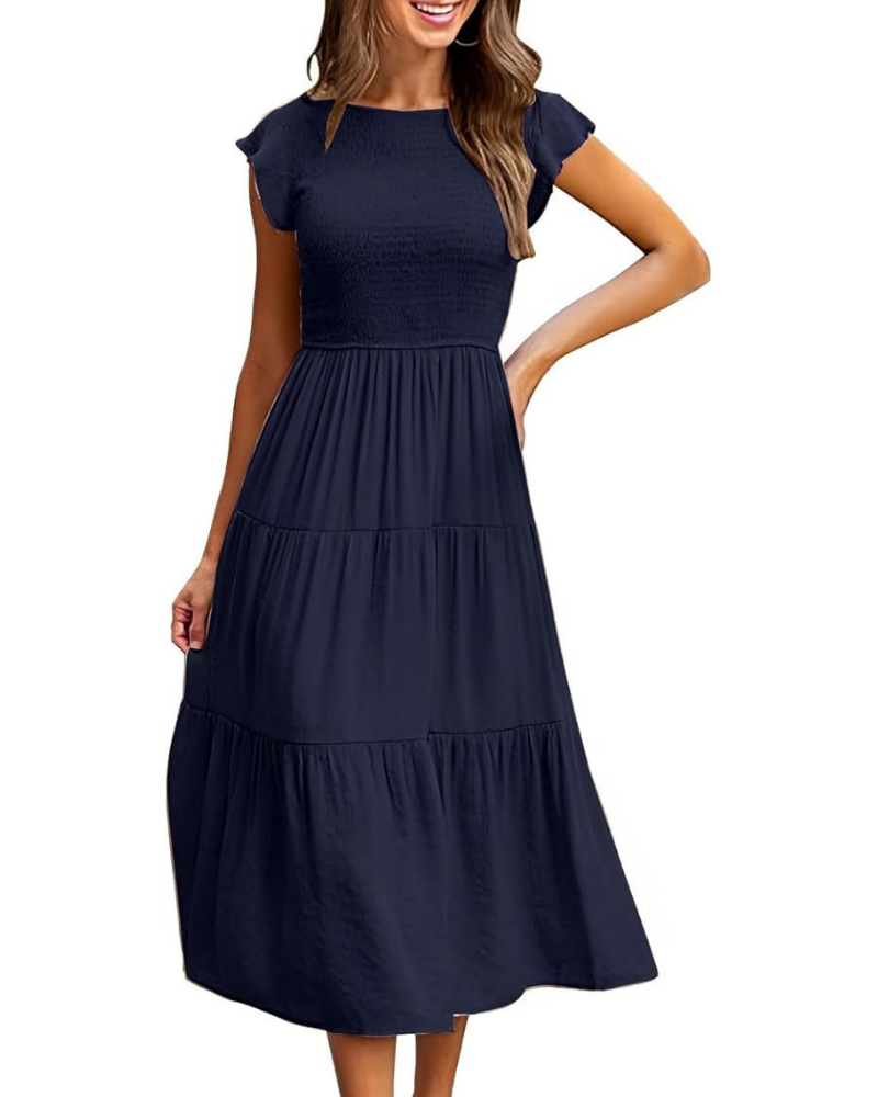 Greta Robe Midi Femme – Kulatý Výstřih, Volánové Rukávy a Elastický Pas, Letní A-linie