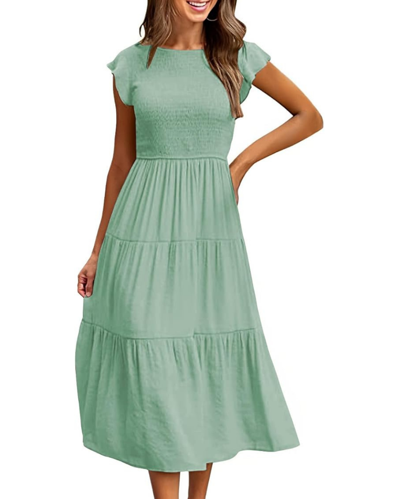 Greta Robe Midi Femme – Kulatý Výstřih, Volánové Rukávy a Elastický Pas, Letní A-linie