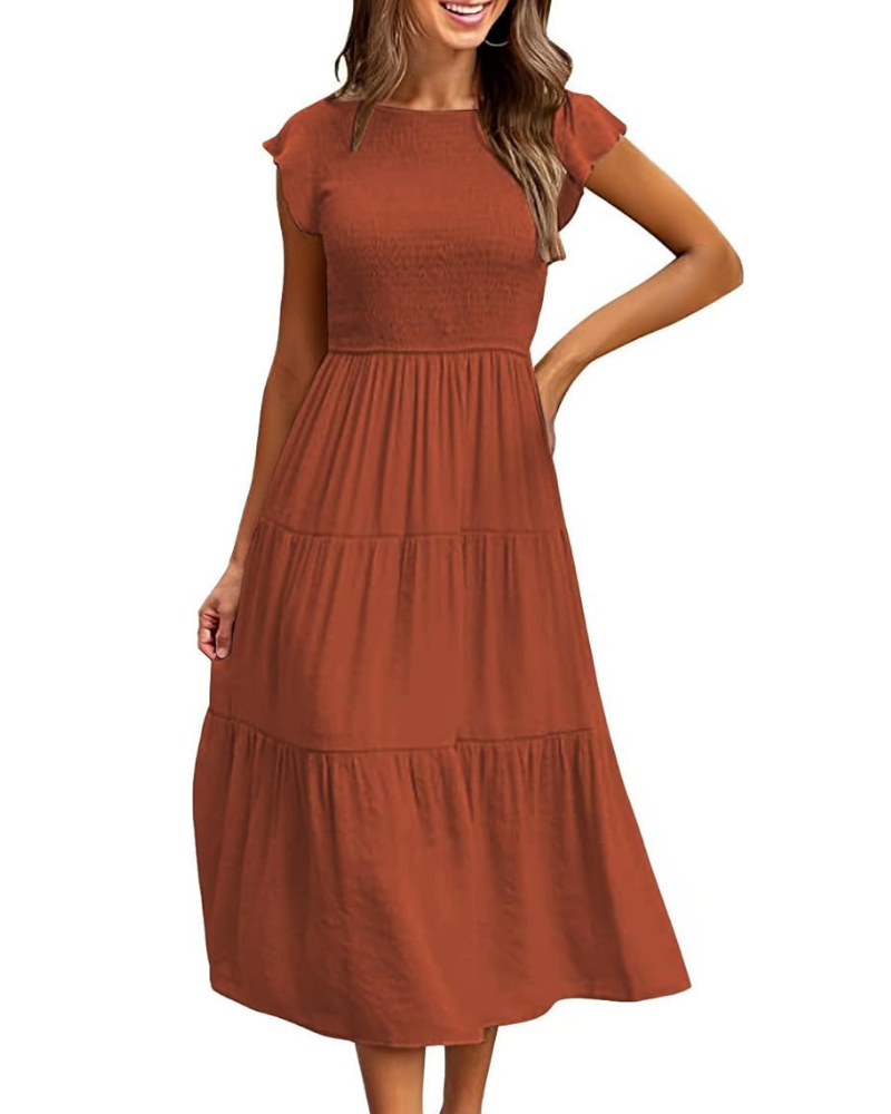 Greta Robe Midi Femme – Kulatý Výstřih, Volánové Rukávy a Elastický Pas, Letní A-linie