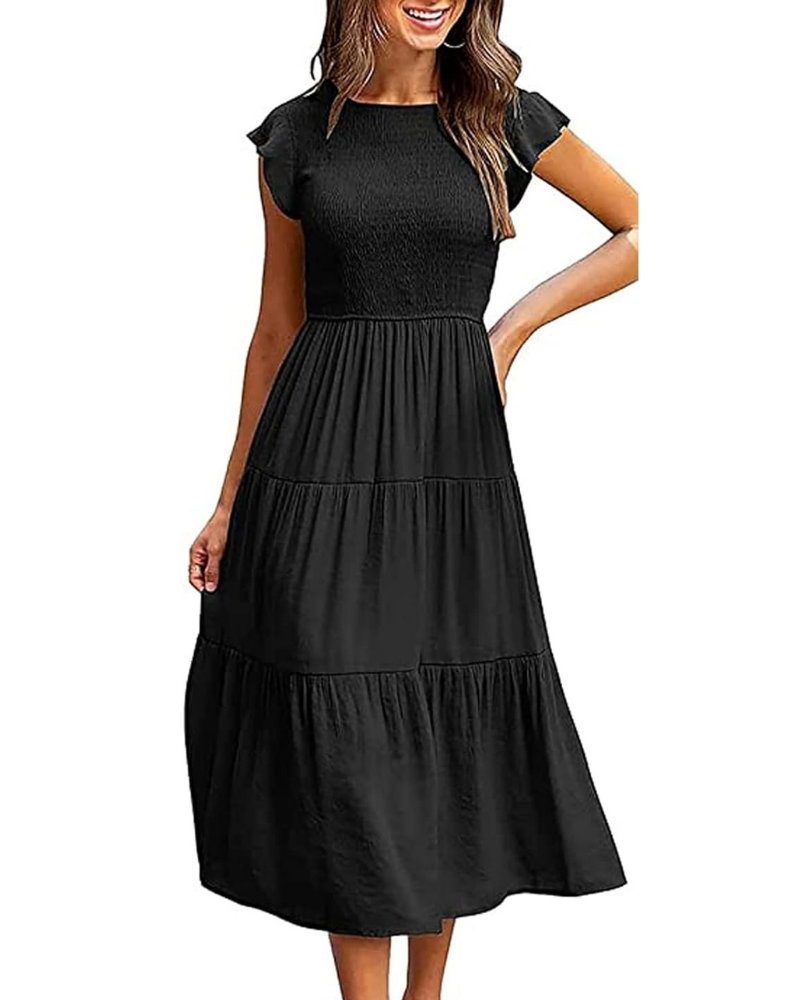 Greta Robe Midi Femme – Kulatý Výstřih, Volánové Rukávy a Elastický Pas, Letní A-linie