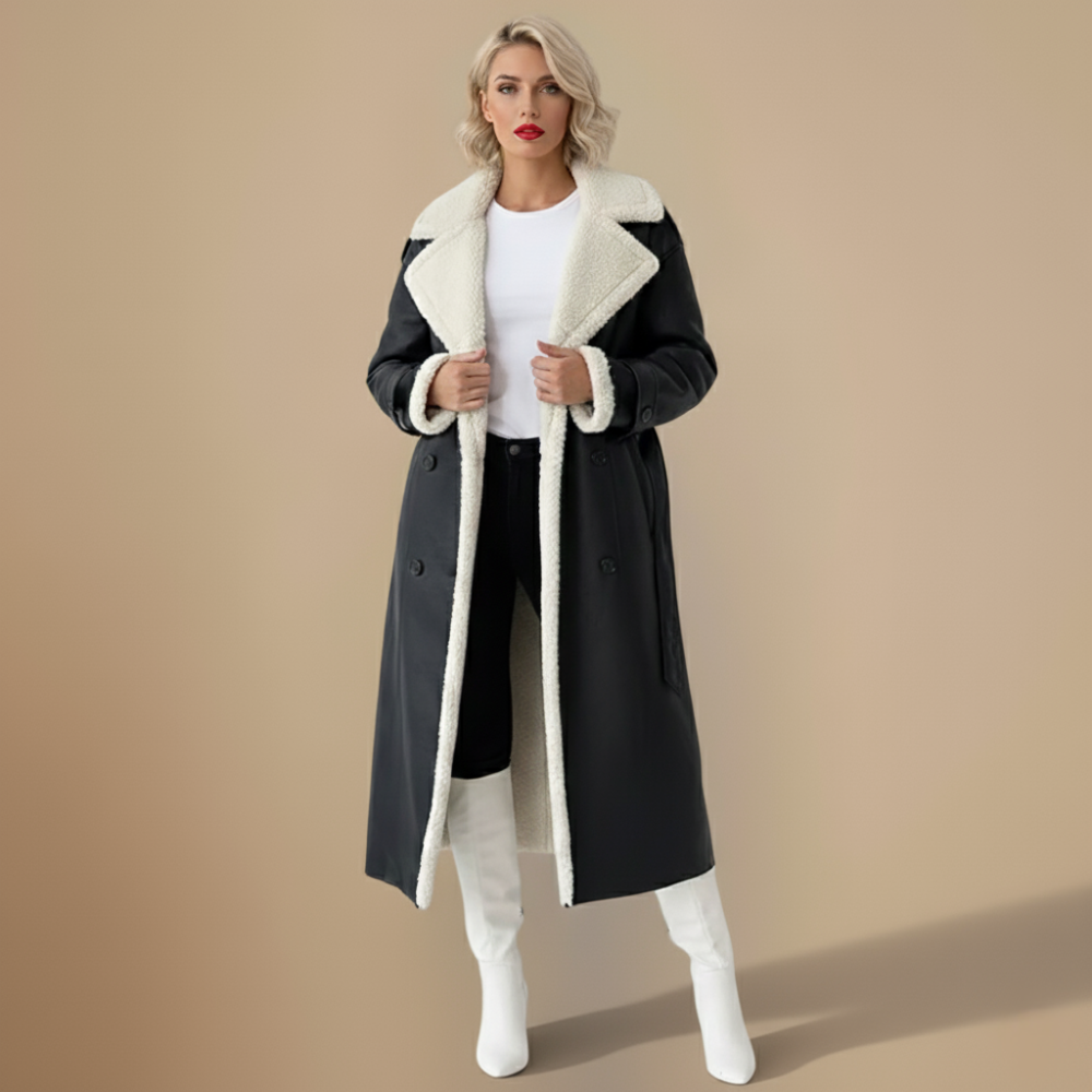 Rinna Casaco Longo Mulher – Casaco com Duplo Abotoamento Efeito Camurça com Gola Forrada & Estilo Chic